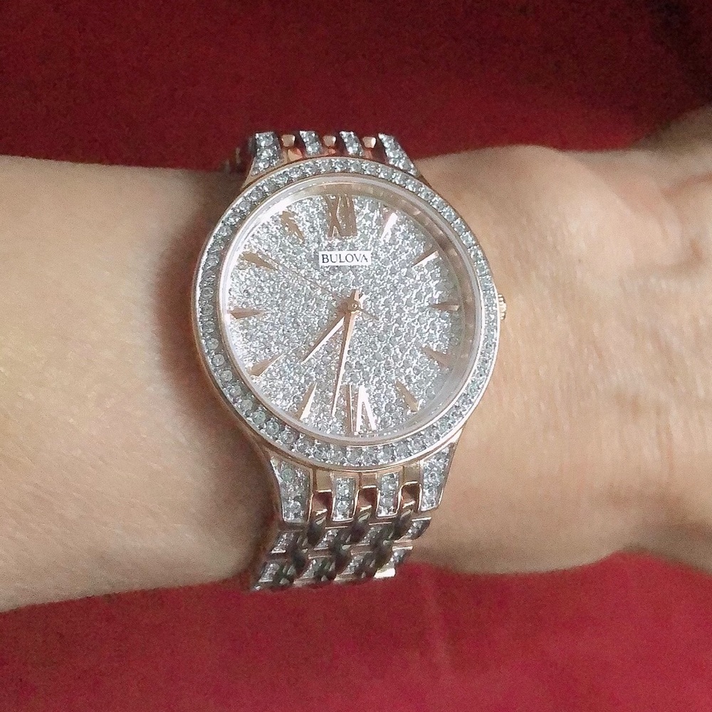 BULOVA WOMENS ROSETONE CRYSTAL WATCH W/ PAVE DIAL